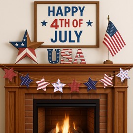 Arosche 4th of July Decorations Wooden Red Blue and White Star Patriotic Garland Pre-Assembled Hanging Independence Day, Memorial Day, Veterans Day Banner for Mantle, Fireplace, Wall, Party Supplies