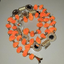 Indian Handmade Pom Pom Garland with mirrors latkans 5 feet approx pack of 2 garlands Diwali decor Christmas decor (Orange)