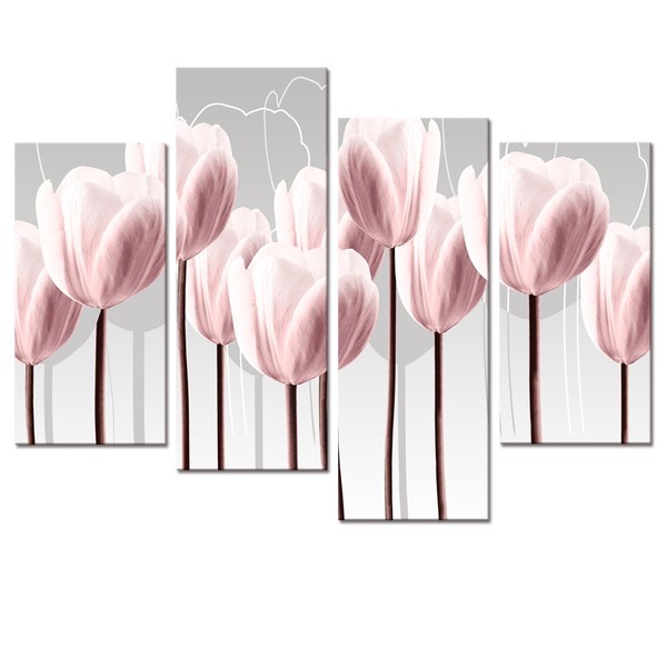 Floral Canvas Wall Art,Canvas Print Pink Tulips for Wall Decor, Framed and Stretched 4 Panels Elegant Flowers Canvas Prints (01 Pink Tulip)