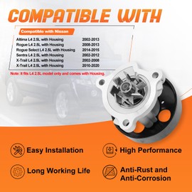 43512 Engine Water Pump with Gasket & Pulley Compatible with Nissan Altima 2002-2013 Rogue 2008-2013 Rogue Select 2014-2015 Sentra 2002-2012 X-Trail, Replace OE 150-2340AH, 210108J000, 21010F461A