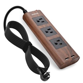 10Ft Extension Cord with USB Ports, JACKYLED Flat Plug Brown Power Strip Surge Protector 3 Widely Spaced Outlets, Electrical Outlet Extender, Desktop Charging Station, Walnut Wood Grain