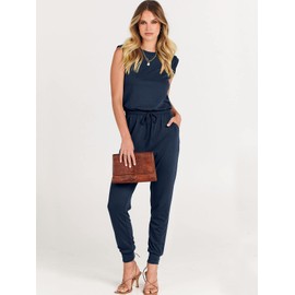 ANRABESS - overol de verano para mujer, cuello redondo, sin mangas, holgado, elástico, con bolsillos, Azul marino, S