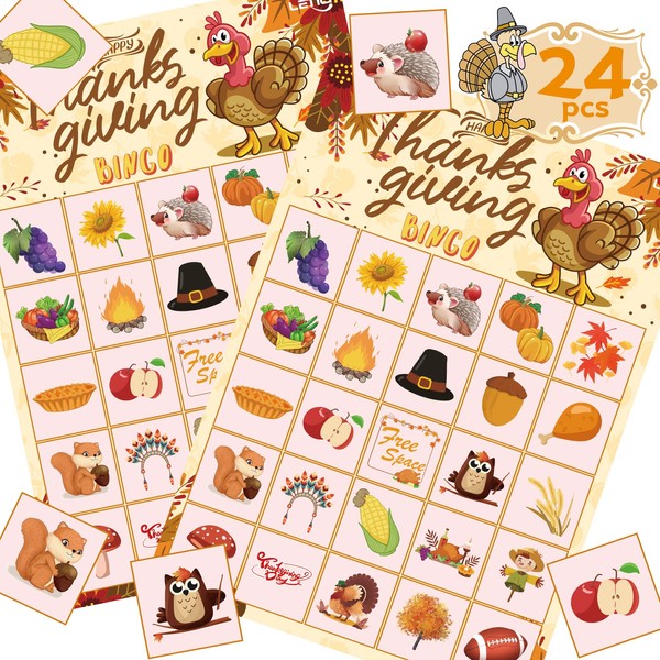 LETILY Bingo Cards Thanksgiving Games Thanksgiving Bingo Fall Bingo for Kids Thanksgiving Party Games for Kids 24 Players for School Classroom Family Activities Party Supplies Decoration