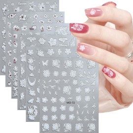 Xanthelle Nagelsticker Selbstklebend, 6 Stück 3D Weißes Blumen Design Nagelaufkleber, handgemalte Nail Art Sticker für Nageldesign und Gel Nägel Dekoration