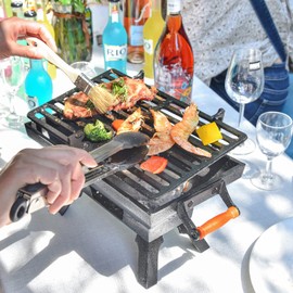 Sungmor Compact Cast Iron Charcoal Grill - Tabletop BBQ Grill with Adjustable Grate & Wooden Handles, 12” x 7” Ideal for 1-3 People - Portable Heavy-Duty Grill for Camping, Balcony & Small Spaces