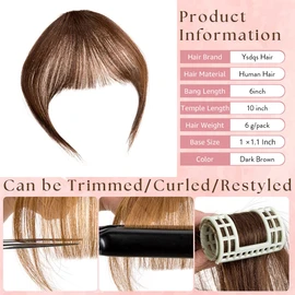 French Bangs Clip 0n Bangs 100% Real Human Hair Extensions for Women Clip in Hair extensions Fringe with Temples Hairpieces (Dark2 Brown2)