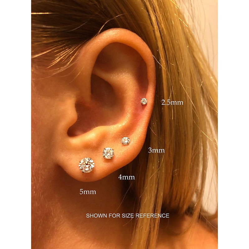 10k Solid Gold Solitaire Round Cubic Zirconia Stud Earrings in