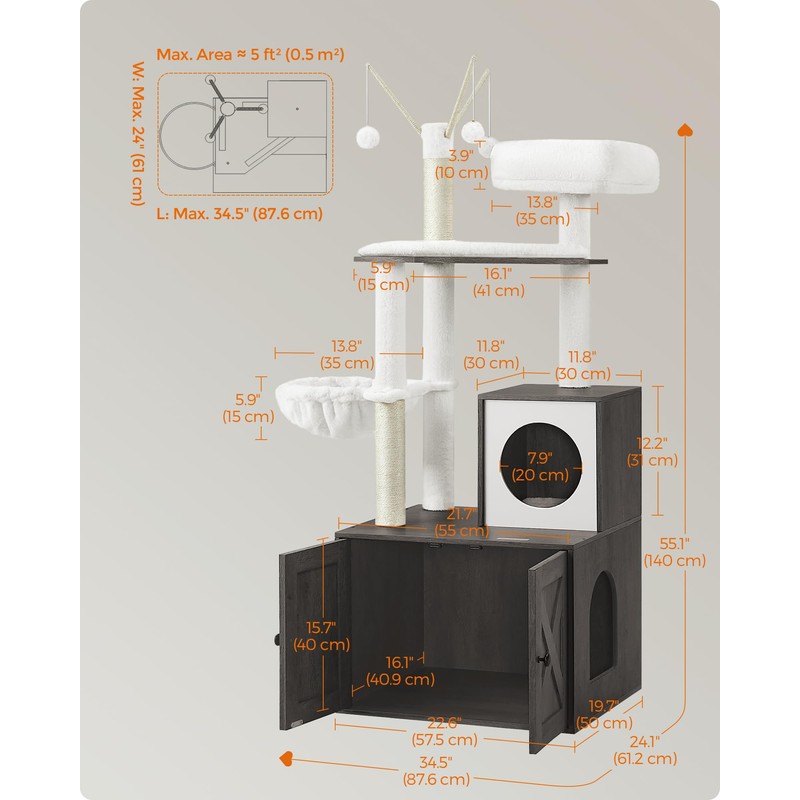 Feandrea Cat Tree with Litter Box Enclosure, 2-in-1 Modern Cat