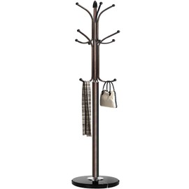 Kertnic Metal Coat Rack Stand with Natural Marble Base, Free Standing Hall Tree with 12 Hooks for Hanging Scarf, Bag, Jacket, Home Entry-way Hat Hanger Organizer (Bronze)
