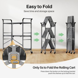 Rolling Utility Cart Folding Cart with Wheels - 3 Tier Collapsible Metal Cart, Large Capacity