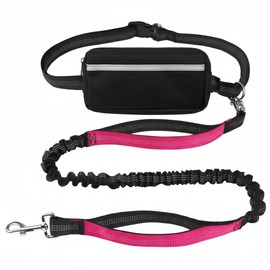 Hands Free Dog Leash with Waist Belt & Large Zipper Pouch, Waist Leash for Dog Walking, Running & Hiking, Reflective Stitching & Dual Padded Handles, Ideal for Medium to Large Dogs (Black Pink)