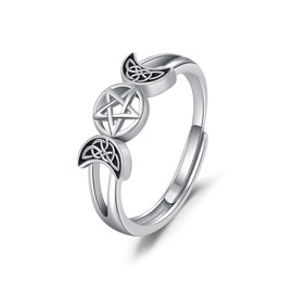TRISHULA Triple Moon Goddess Ring 925 Sterling Silver Celtic Knot Rings Adjustable Ring Amulet Wicca Pentagram Ring Celtic Jewelry Gifts for Women Her Girlfriend Wife