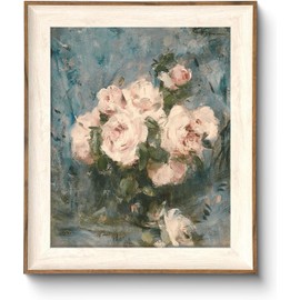 ASTRDECOR Framed Vintage Wall Art for Living Room, Vintage Floral Home Decor Aesthetic, Victorian Pink Rose Bouquet Oil Painting Blue Canvas Wall Art Prints, Antique Flower Pictures Blue Artwork for Living Room-10''x12''