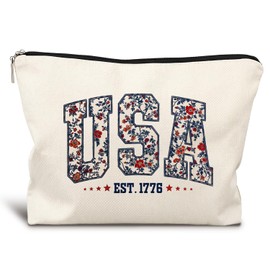LIANGW Retro Floral USA 4th of July Makeup Bag, America Patriotic Cosmetic Bags for Women, Red White and Blue USA Toiletry Bag for Women, cosmetic bag, makeup case