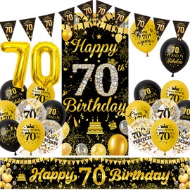 Xietaea Decorative 70th Birthday Man Woman - Black Gold 70th Birthday Decoration Banner Balloons and Bunting, Fabric Background XXL Numbers Balloons for 70th Birthday Party Decoration