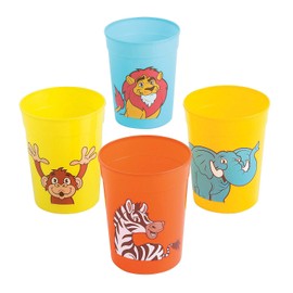 Fun Express Zoo Animal Plastic Cups, Set of 12 Tumblers, Each Holds 10 oz, BPA Free Plastic, Birthday and Party Supplies, Multi-Color