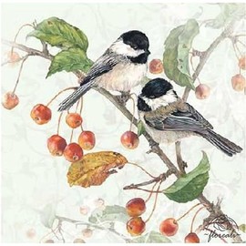 Set of 2 Individual Decoupage Paper Party Napkin Chickadee Bird Autumn Watercolor Decor Luncheon Napkins for a Birthday Holiday, Wedding, Cocktail Party