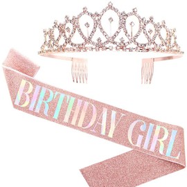 Fantasy Glitter Pink Birthday Girl Sash Set Birthday Crown Happy Fun Birthday Gifts Tiara Decorations Headband Headpiece for Women Girls