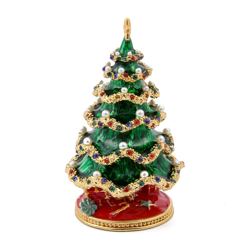 QIFU Hand Painted Green Christmas Tree Crystal Enamel Trinket Box
