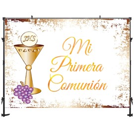Holy Communion Party Backdrop Photograph Mi Primera Comunion Purple Grapes Background God Bless Decor Prop Photozone Photo Studio Banner Vinyl (5ft×3ft)