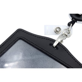 ID Card Case + Lanyard + Badge Holder Retractable Reel Carabiner and Plastic Clip (Horizontal Black)