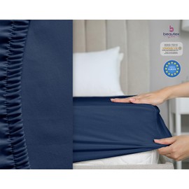 Beautex Cotton Fitted Sheet, Premium Jersey Fabric, 160 g/m², Choice of Size and Colour (Topper, 140 x 200 x 15 cm, Navy Blue)