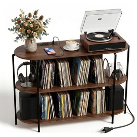 Faesun 43.3" Record Player Stand with Power Outlets, 3-Tier Vinyl Record Storage Cabinet Holds Up to 400 Albums, Turntable Stand with Open Shelves, Curved Edge Table, Walnut