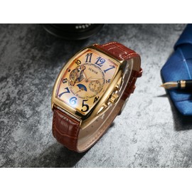 SEWOR Tourbillon Mens Moon Phase Automatic Mechanical Wrist Watch Leather Band Glass Coating Blue (XXL) (Gold)