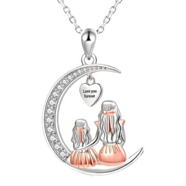 MYGLOAR Mother and Daughter Necklace 925 Sterling Silver Mother Heart Necklace, Crescent Moon Necklace, Heart Pendant, Mother's Day Chain Jewellery Gift