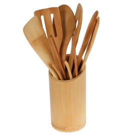 BambooMN Bamboo Kitchen Utensil Holder for Countertop with 8 Piece Utensil Set