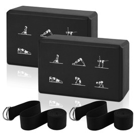 2 Yoga Block and Yoga Suspender Set, High Density EVA Foam Blocks, Non-Slip Yoga Bricks with 6 ft Strap, Latex-Free Yoga Blocks Kit, 23 x 15 cm (Black, 23 x 15 x 7.6 cm)