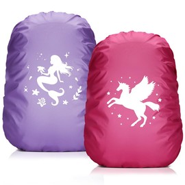 Yealiely Pack of 2 Rain Cover School Bag, 35 L Rain Cover School Bag with Reflective Strips, Rain Cover Backpack with Mermaids and Unicorn for Children Outdoor Night Hiking Rain and Snow