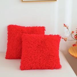 Red Plush Throw Pillow Covers 18"x18", Soft Decorative Fuzzy Fluffy red Pillow Cases, Furry Shaggy Faux Fur Cushion Covers for Sofa, Bed, and Living Room Decor, Set of 2 with Zipper
