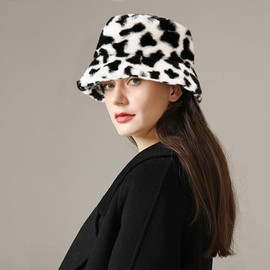 Malaxlx Women's Plush Fishing Hat Winter Hat Fluffy Bucket Hat Warm Fishing Hat, Cow print.