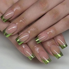 MERVF Square Press on Nails Medium Fake Nails Green French Tip Squoval Glue ons Chrome Acrylic Artificial 24pcs Glossy False