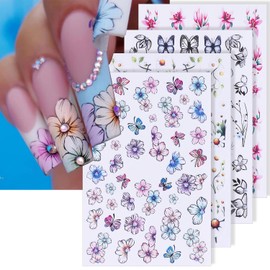 Flower Nail Art Stickers Spring Summer Nail Stickers for Nail Art Magritte Hibiscus Rose Nail Decals Black White Butterfly Self-Adhesive Nail Art Supplies Manicure Flower Stickers for Women 4 Sheet