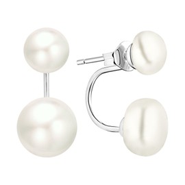 YL Women Pearl Earrings-925 Sterling Silver Semi-round Double Freshwater Pearl Front and Back Stud Earrings