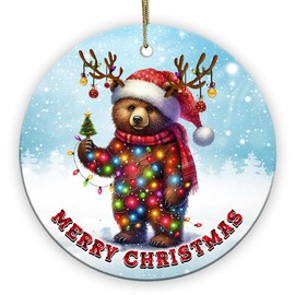 Decorlion 2024 Christmas Ornament - Bear Merry Christmas Ceramic Ornament, Christmas Tree Decoration, Woodland Animal Ornament, Bear Christmas Ornament, Bear Lover Gift