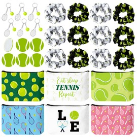 Y1tvei Tennis Party Favors Gifts - 30Pcs Tennis Cosmetic Bag Hair Scrunchies Round Mirror Racket Keychain, Sports Makeup Bag Accessories for Women Girls Sports Lovers Players Team Party Decor Supplies