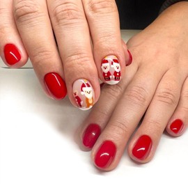 TULOBI Christmas Red & White Press on Nails Short Almond Fake Nails Glossy Full Cover Acrylic Nails with Cute Santa Claus Design Winter Xmas Artificial False Nails Glue on Nails for Women 24 Pcs