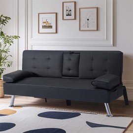 WRTEYEUI Convertible Sofa Bed Adjustable Couch Sleeper Folding PU Convertible Recliner Lounge Daybed for Living Room, Bedroom, Apartment, Office, Black, 65.3"x27.5"x29"