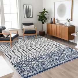 Art&Tuft Area Rug 5x7, Super Soft Ultra-Thin Moroccan Washable Rug, Anti-Slip Backing Rugs for Living Room, Foldable Geometric Machine Washable Area Rug(5'x7', Navy)