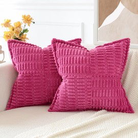 JOTOM Set of 2 Corduroy Soft Cushion Covers with Splicing 45x45 cm Striped Decorative Throw Pillow Covers Square Cushion Case Home Boho Decor Pillow Cases for Couch Sofa Bed 18x18 Inch (Hot Pink)