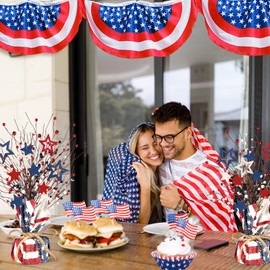 Kenburg 2 Packs 4th of July Artificial Tree Tabletop Decor Patriotic Tree Red Blue White Artificial Berry Stem Picks Wooden Star Shaped America Flag Cotton Base Farmhouse Tree for Independence Day