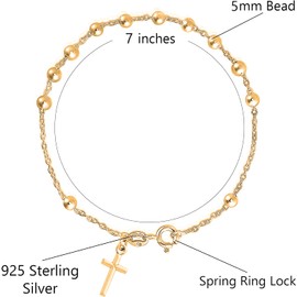 Savlano 925 Sterling Silver Italian Rosary Solid Bead Chain Cross Pendant - 18K Gold Plated 7 Inches Bracelet Comes With Gift Box for Women - Made in Italy (7, 5mm)