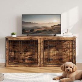 HOOBRO Dog Crate Furniture for 2 Dogs, 63" Large Double Dog Crate Furniture with Divider, Wooden Indoor Dog Kennel TV Stand for Medium Large Dogs, Rustic Brown BF55GW03