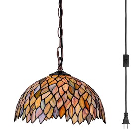 GILGGAK Tiffany Style Stained Glass Pendant Light Plug in, 12" Wide Wisteria Design Hanging Lamp, 60 Inch Chain 15 Feet Cord Living Dining Room Bedroom Kitchen Home Office (Green)