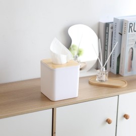 Square Tissue Box Cover,White Tissue Box Holder,Bamboo Facial Cube Box Cover for Storage on Bathroom Vanity, Countertop, Bedroom Dresser
