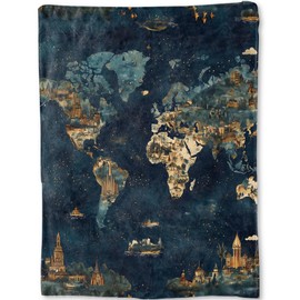 ainori World Map Blanket - Vintage Landmark Design with Night Sky Fleece Throw,Gifts for Women Men Adult, Soft & Warm,Lightweight, for Modern Artistic Decor, Living Room Home Accent 50x60in