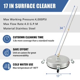 janz 17" Pressure Washer Surface Cleaner with 4 Wheels, 1/4" Quick Plug, 2 Extension Wands, 2 Replacement Nozzles and 3 Spray Nozzles, 4000 PSI